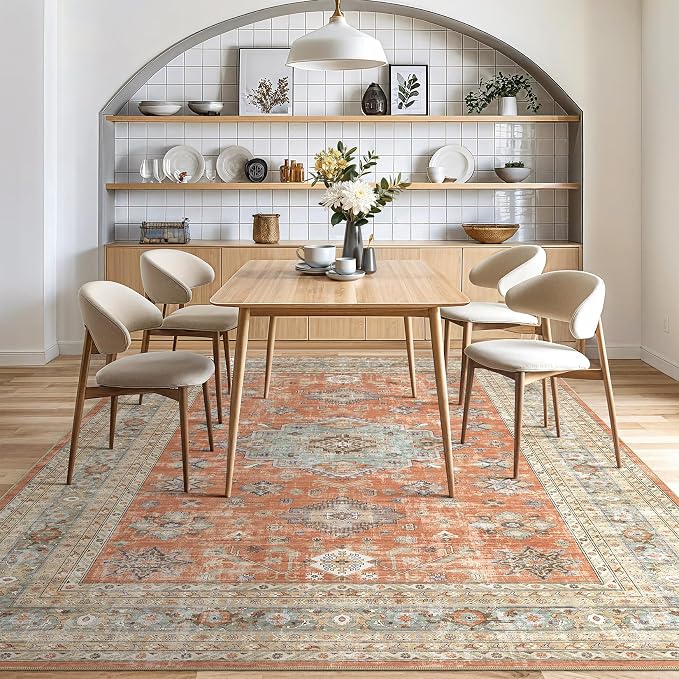 Vintage Living Room Area Rug 5x7 - Large Soft Washable Oriental Traditional Distressed Farmhouse Rugs for Bedroom - Indoor Floor Accent Carpet for Home Office House Decor - Orange