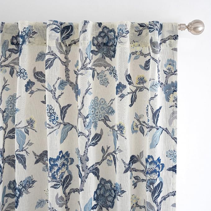DriftAway Ada Floral Botanical Print Flower Leaf Lined Thermal Insulated Room Darkening Linen Blend 100% Blackout Back Tab Window Curtains 2 Layers Set of 2 Panels Each 52 Inch by 63 Inch Navy