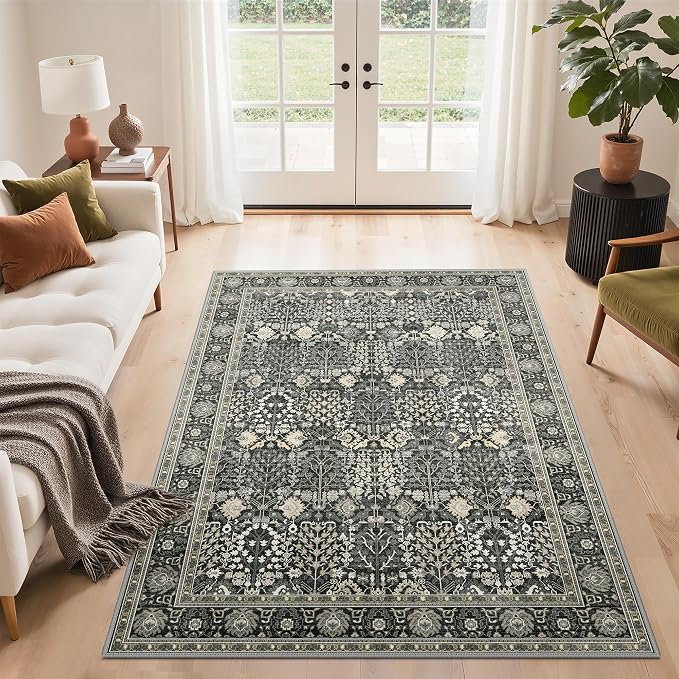 Bavni Washable Rugs 10x14 Machine Washable Rug Lightweight Low Pile, Vintage Floral Rug Non-Shedding Distressed Throw Carpet for Living Room Bedroom Office, Black