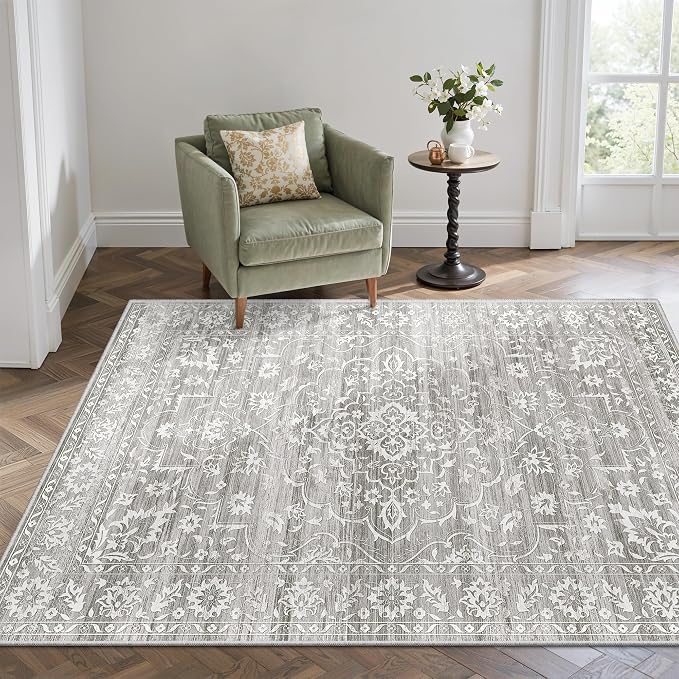 Soalmost 3x5 Area Rugs for Entryway, Washable Neutral Soft Rug Grey | Vintage Floral Low Pile Non-Slip Throw Area Rugs, Accent Rug Floral Indoor Mat for Bedside Living Room Kitchen Bedroom 3'x5'