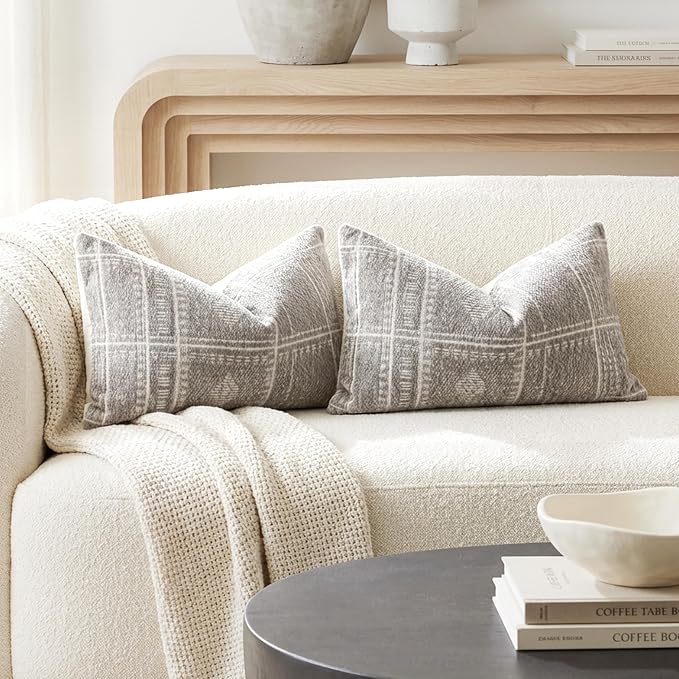 BlissBlush Decorative Lumbar Pillow Covers 12x20 Set of 2, Boho Light Gray Chenille Accent Rectangular Throw Pillow Covers for Couch Sofa Living Room Home Décor (Cover Only)