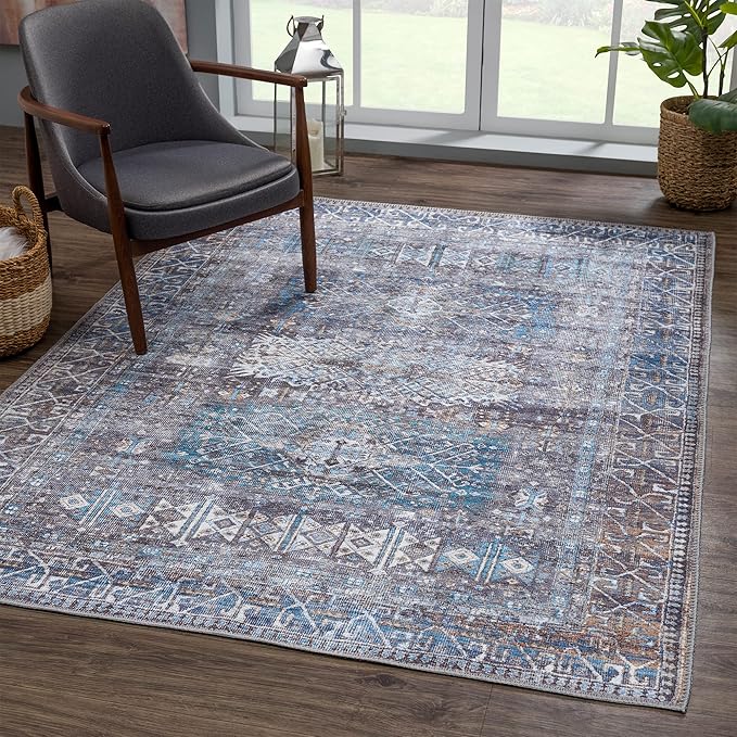 Bloom Rugs Washable 9' x 12' Rug - Slate Gray/Blue Traditional Area Rug for Living Room, Bedroom, Dining Room, and Kitchen - Exact Size: 9' x 12'