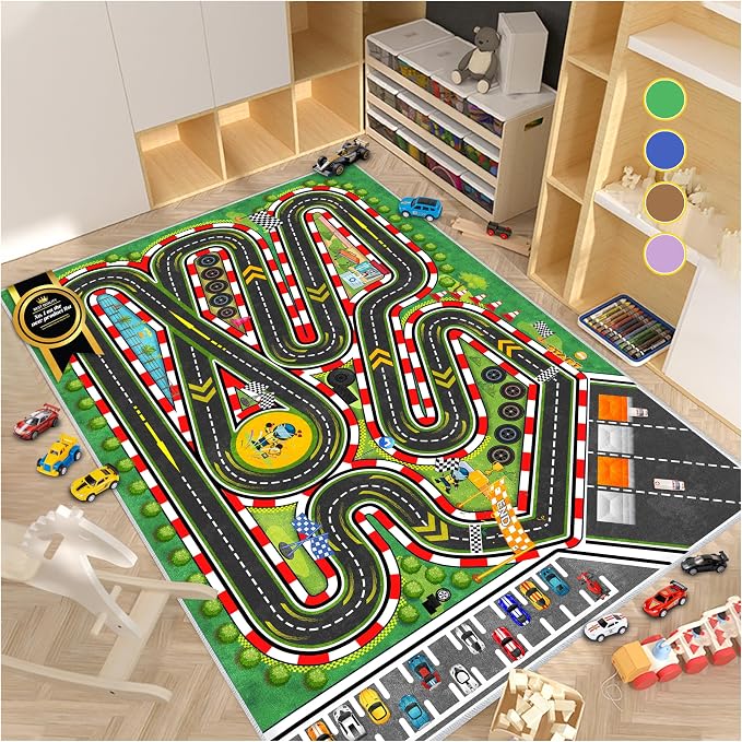 Kids Racing Rug 31''x47'' Car Road Kid Rug Carpet Playmat for Playoom Traffic Road Kid Play Mat for Bedroom，Kids Educational City Traffic Road map Fun Carpet (Green)