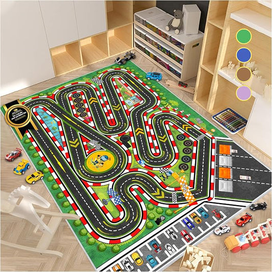 Kids Racing Rug 31''x47'' Car Road Kid Rug Carpet Playmat for Playoom Traffic Road Kid Play Mat for Bedroom，Kids Educational City Traffic Road map Fun Carpet (Green)