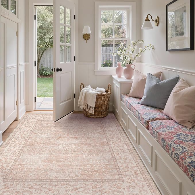 GENIMO 5x7 Washable Area Rugs for Living Room, Non Slip, Pink White | Vintage Boho Floral Low Pile Thin Carpet for Bedroom, Dining Room, Nursery, Indoor Decor