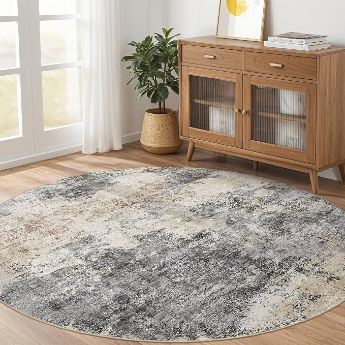 Round Rug Living Room Rugs: 8x8 Washable Circle Large Abstract Modern Soft Stain Resistant Non-Slip Indoor Floor Carpet for Bedroom Nursery Office Dining Room Dorm Home House- Grey Brown
