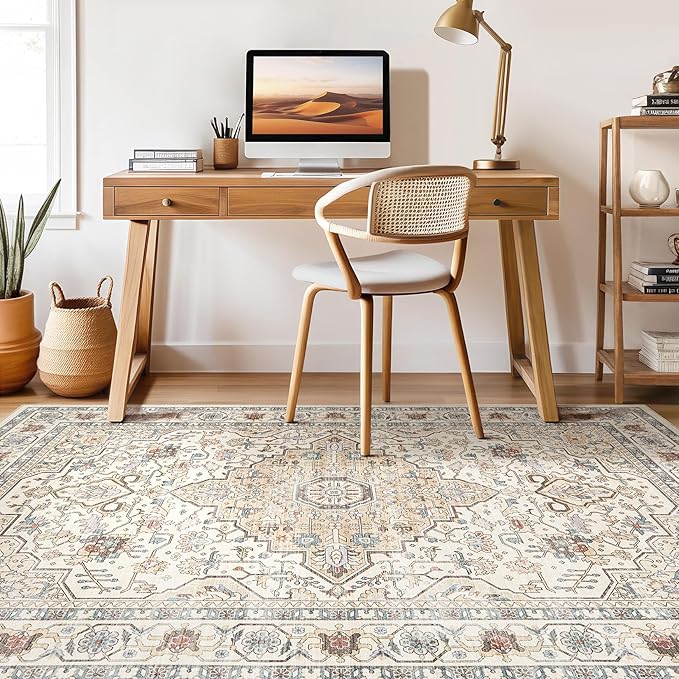 12x15 Area Rug Living Room: Washable Boho Large Neutral Vintage Soft Rug Stain Resistant Farmhouse Non Slip Indoor Floor Carpet for Bedroom Nursery Kids Playroom Office Dining Room- Cream Blue