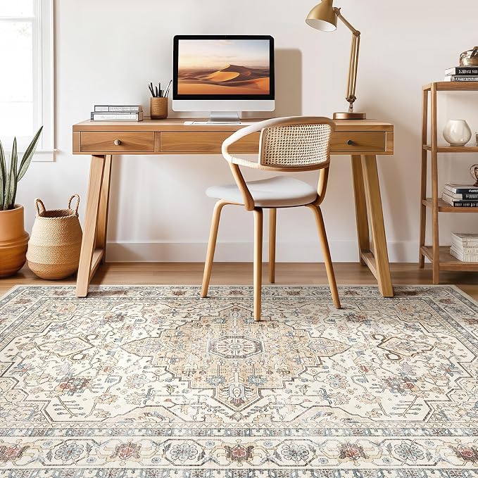 10x12 Area Rug Living Room: Washable Boho Large Neutral Vintage Soft Rugs Stain Resistant Farmhouse Non Slip Indoor Floor Carpet for Bedroom Nursery Kids Playroom Office Dining Room- Cream Blue