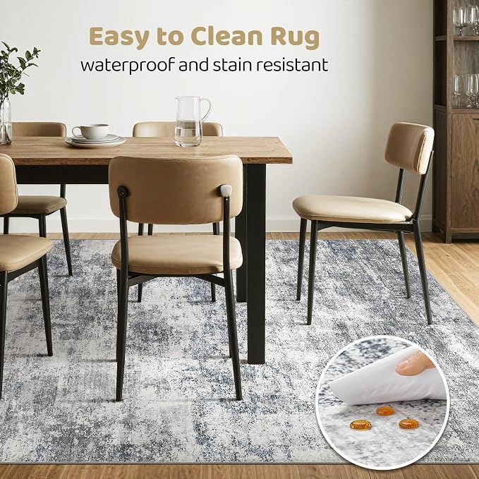 10x14 Area Rugs Living Room: Washable Large Abstract Neutral Modern Soft Rugs Stain Resistant Indoor Floor Non-Slip Accent Carpet for Bedroom Nursery Playroom Office Dining Room Home Decor- Blue Gray