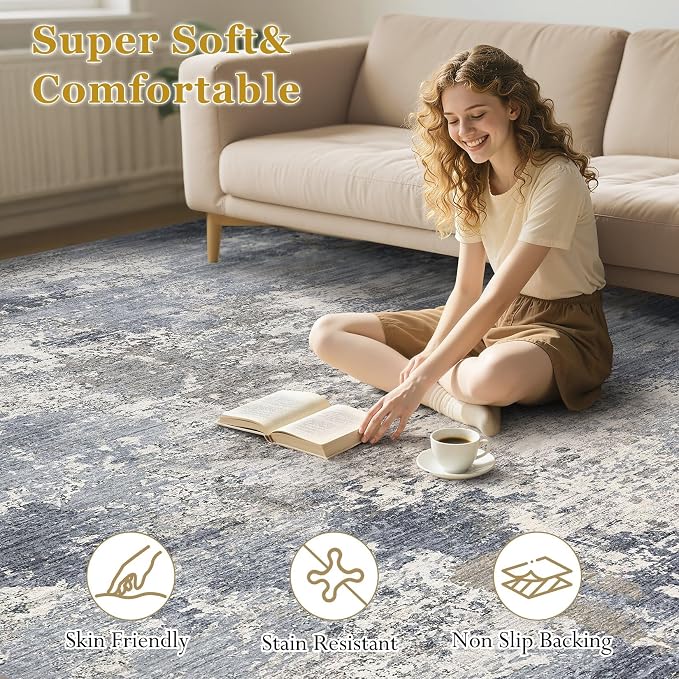9x12 Area Rugs for Living Room - Washable Living Room Rug Large Abstract Modern Neutral Soft Carpet with Non-Slip Backing, Stain Resistant for Bedroom Dining Decor (Light Denim Blue)