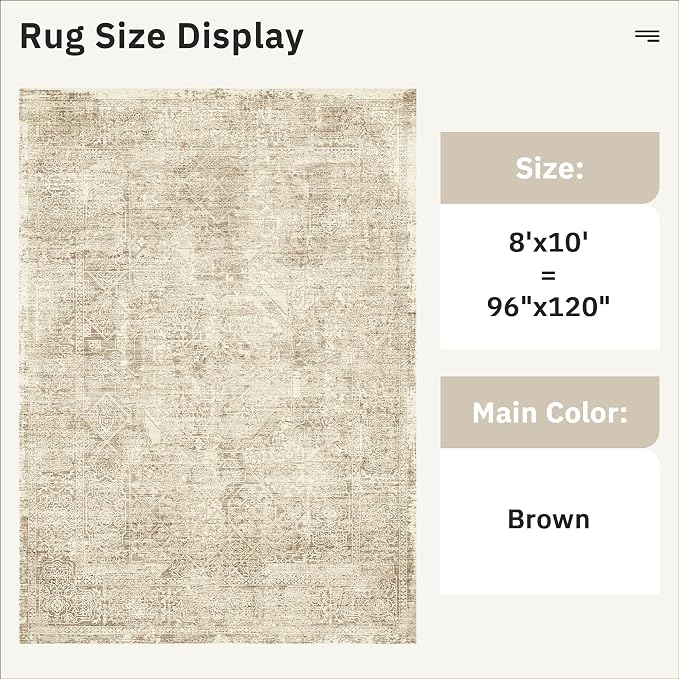 Soalmost Washable Area Rug 8x10, Large Soft Rugs for Living Room Vintage 8x10 Area Rugs for Bedroom Dining Room Floral Non-Slip Thin Brown