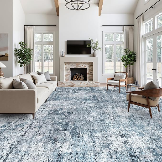 Soalmost 12x15 Washable Area Rug Blue/Grey Neutral Abstract Living Room Large Carpet Non Slip Bedroom Indoor Office Dining Room Low Pile Thin Rug