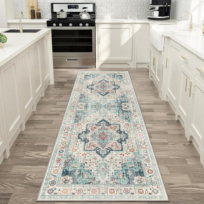 GENIMO Runner Rug 2x7 Non Slip Machine Washable Hallway Runner Rug, Low Pile Lightweight Rugs for Entryway, Hallway, Kitchen and Corridor, Turquoise & White