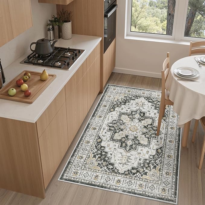 Madane Washable Entry Rug 3x4 Area Rugs for Entryway Kitchen, Black | Vintage Printed Door Mat Indoor Entrance, Low-Pile Floor Carpet Runner for Inside Front Bedroom Kitchen Entry Laundry, Stair