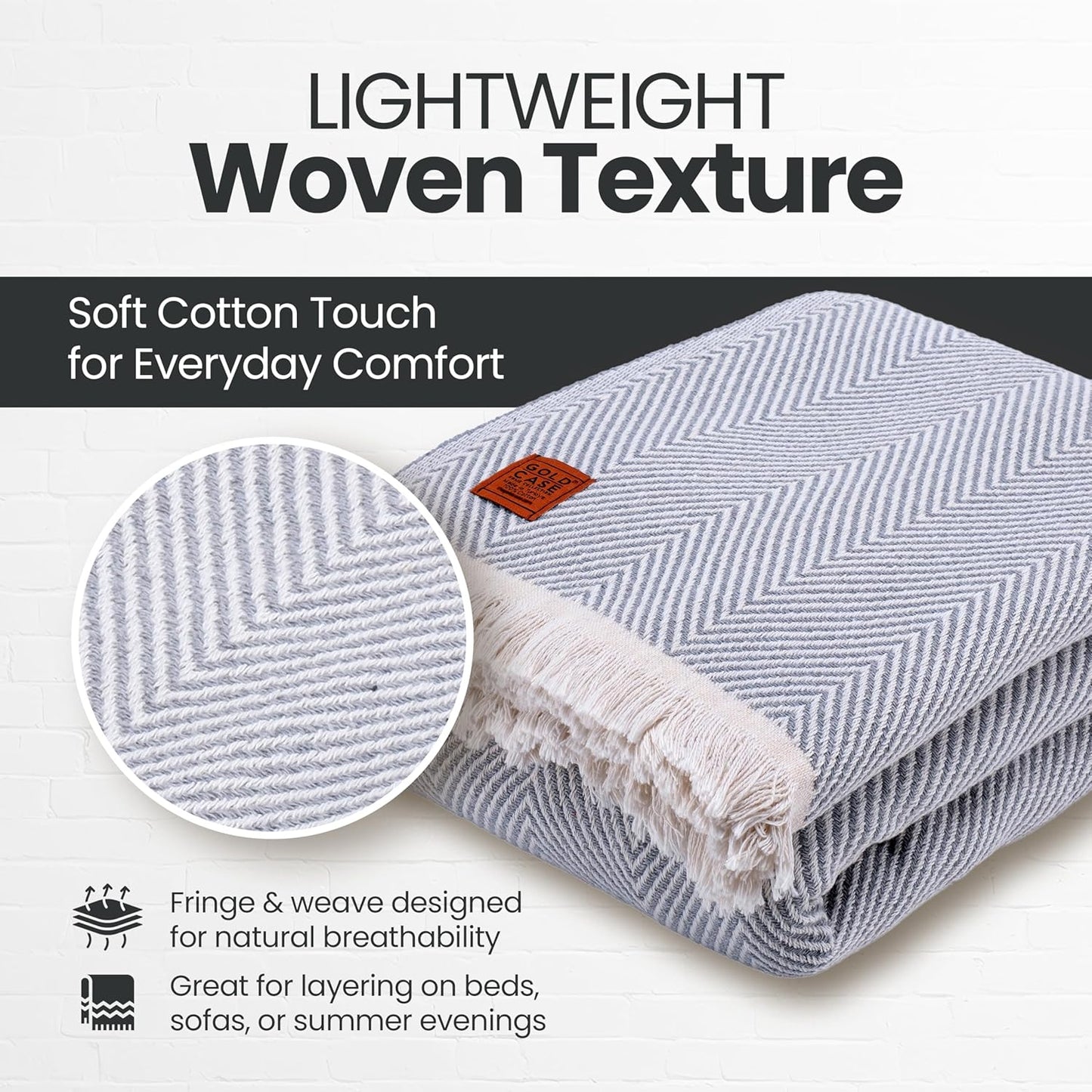 Gold Case Throw Blanket for Bed – 100% Recycled Turkish Cotton Bed Blanket – Decorative Throw Cotton Blankets for Living Room & Bedroom – Elegant Grey Woven Queen Blankets – 90x90