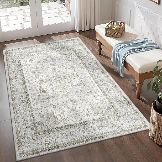 Area Rugs for Living Room - 4x6, Boho Non-Slip Low Pile Carpet Washable Rugs for Bedroom,Office, Dining Room Blue