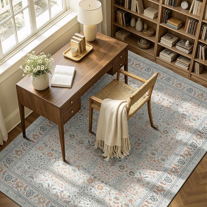 Lofus 5x7 Washable Beige Area Rug for Living Room Bedroom Non-Slip Low Pile | Soft Boho Vintage Area Rugs for Bedroom Dinning Room Home Office Indoor