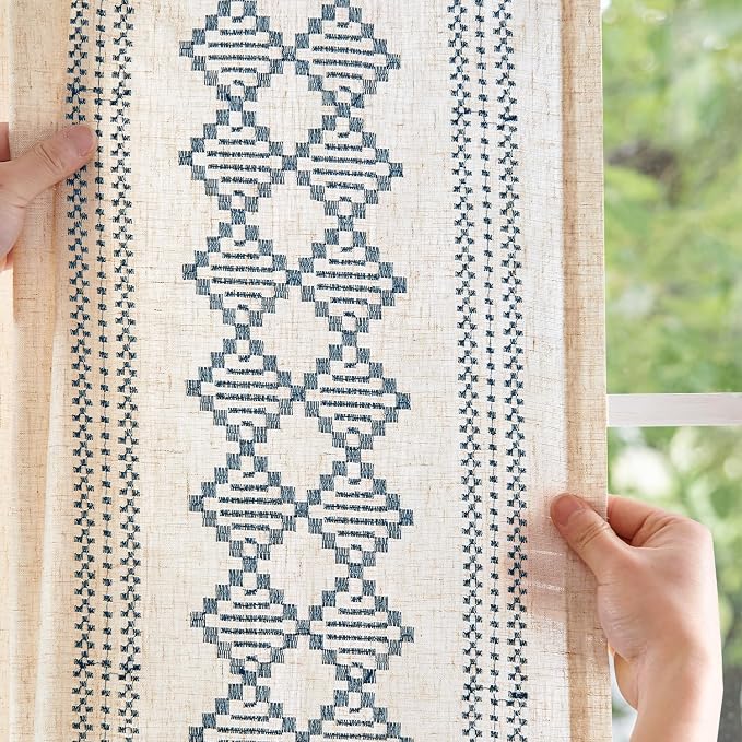 jinchan Boho Curtains Linen Blend Beige Farmhouse Curtains 63 Inches Long for Living Room Blue Square Embroidered Bordered Back Tab Bedroom Window Light Filtering Bohemian Drapes 2 Panels