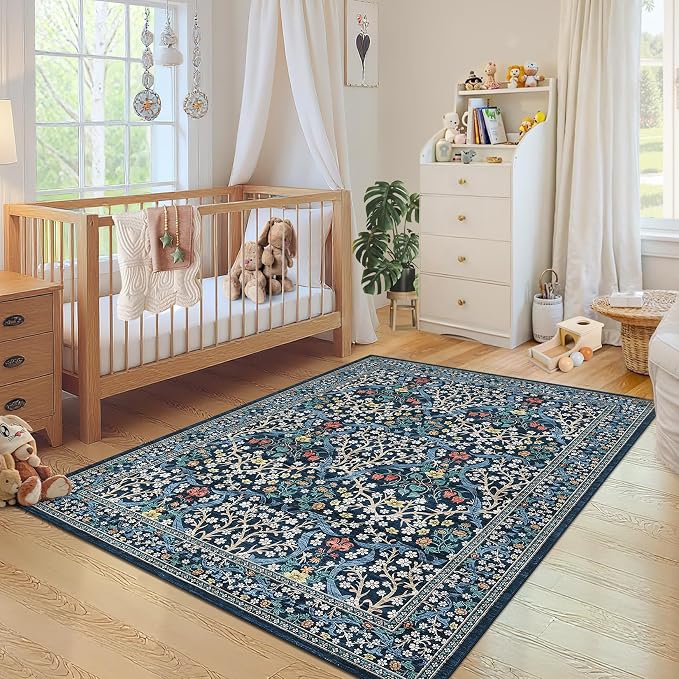 GarveeHome Floral 3x5 Area Rugs for Entryway, Washable Kitchen Rug Non Slip, Low Pile Bedroom Rug, Ultra Soft Stain Resistant Small Carpet for Laundry Room, Dark Blue