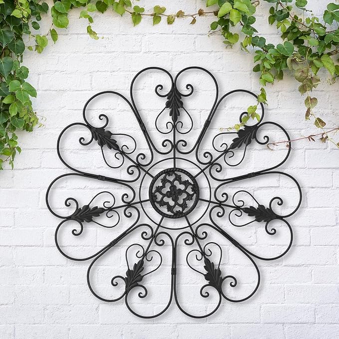Glitzhome Outdoor Metal Wall Art Decor, Large Wrought Iron Scroll Wall Decor with Floral Design, Matte Black Finish, 23.75" D Exterior Garden Patio Porch Wall Decor
