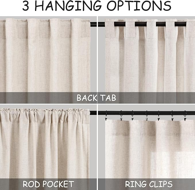 Beige Linen Curtains 108 Inches Long 2 Panels Set for Living Room Back Tab Pocket Semi Sheer Modern Minimalist Extra Long Curtain Linen Blend Light Filtering Ceiling Drapes for Large Window 40x108