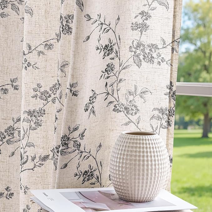 jinchan Black Floral Linen Curtains 63 Inch Rustic Drapes Back Tab 2 Panels | Black on beige, light filtering, semi sheer, farmhouse, country, privacy, flower, bedroom, living room, window treatment