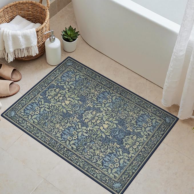 GENIMO 2x3 Washable Kitchen Rug, Non Slip Indoor Door Mat, Dark Blue | Vintage Boho Floral Low Pile Entryway Mat for Bathroom, Front Door and Laundry Room
