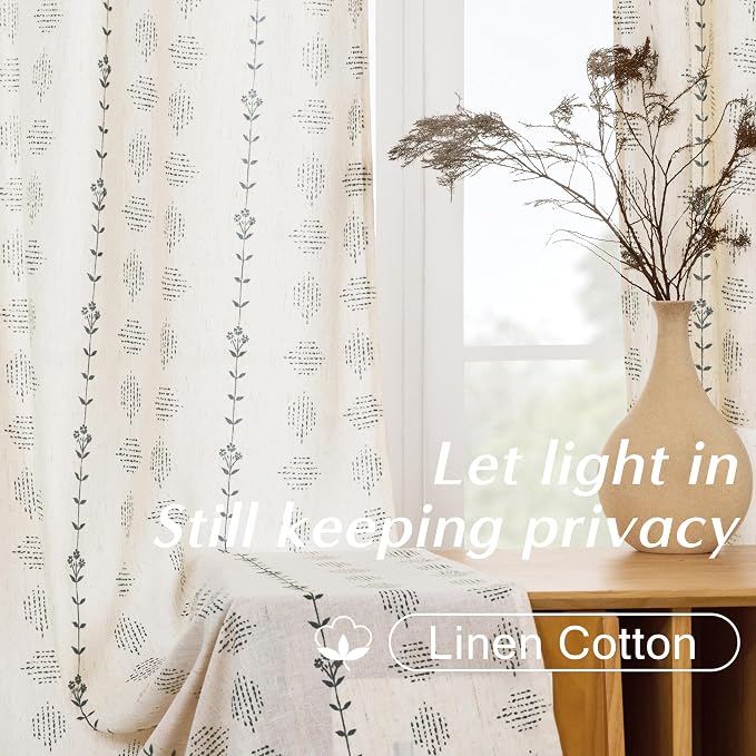 Farmhouse Curtains for Living Room, Floor to Ceiling 8FT 8 Foot Cream and Black Linen Sheer Boho Striped Curtains for Dining Room Sliding Glass Door, 96 Inch Long 2 Panel Set