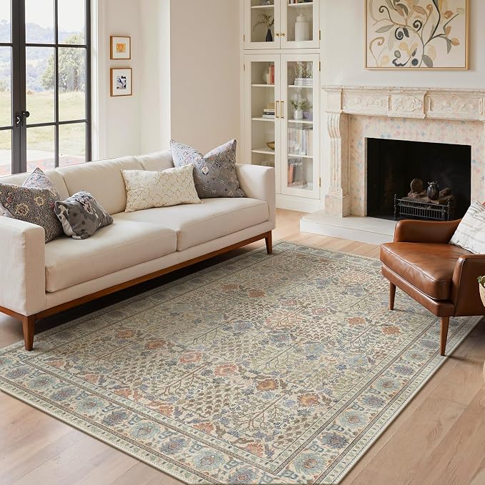 Bavni 2.6x10 Rug Runners for Hallways, Washable Runner Rug Non Slip,Vintage Floral Print Style Rugs for Bedroom-Lightweight Low Pile Carpet for Hallways Bathroom, Earth Yellow