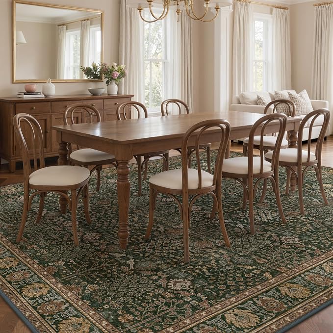 Bavni Washable Rugs 10x12-Machine Washable Rug Lightweight Low Pile, Vintage Floral Rug Non-Shedding Distressed Throw Carpet for Living Room Bedroom Office, Dark Green/Multi