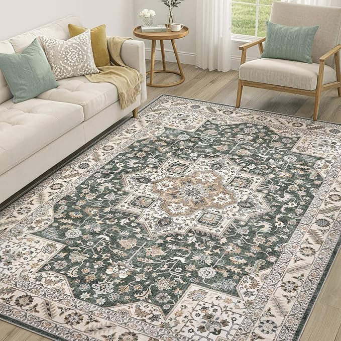 Vintage Living Room Area Rug 7x9 - Large Soft Washable Oriental Traditional Distressed Farmhouse Rugs for Bedroom - Indoor Floor Accent Carpet for Home Office House Decor - Vintage Green