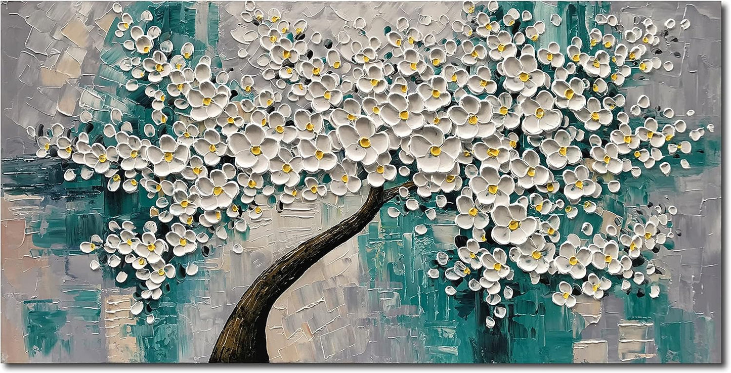 3D Abstract Art Oil Painting White Flower Tree Painting Textured Palette Knife White Flower Painting Modern Canvas Wall Art Home Decoration Home Painting (24x48 inches)