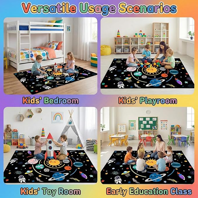 Space Rugs for Kids Bedroom,4'5''×6' Outer Space Rug for Boys Room with Solar System Planets,Space Theme Carpet for Bedroom Playroom Classroom
