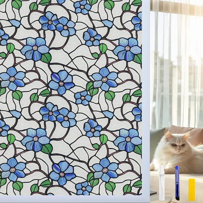 QHY Sunshine Privacy Window Film with Installation Tool Decorative Stained Glass Window Stickers Reusable Window Film (Indigo Frosted, 35.4 x 78.7)