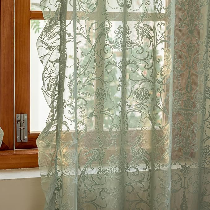 TUDECO Sage Green Lace Sheer Curtains 96 Inches Long 2 Panles | French Floral Pattern, Ruffle Edges,for Dining Room Living Room, Light Filering Privacy, Spring Summer Decor, 59 x 96 Inch