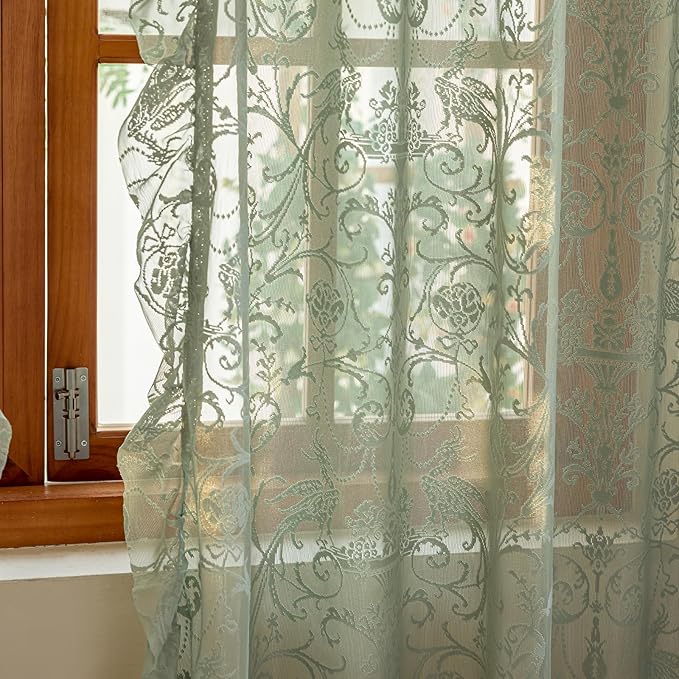 TUDECO Light Green Curtains 72 Inch Length - Aesthetic Green Floral Curtains 2 Panels, Embroidered Sheer Bohomian Ruffled Green Lace Curtain for Boys Bedroom Hallway, 59 x 72 Inch, Sage Green