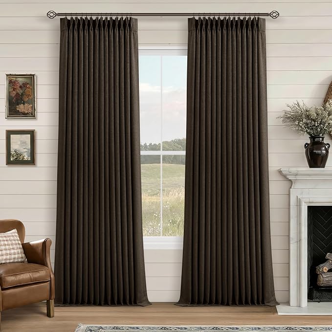 Dark Chocolate 100 Inch Linen Pleated Blackout Long Curtains for Living Room Memory Trained Dual Layer Heavy Burlap Curtain Sound Dampening Heat Blocking Floor to Ceiling Windows Drapes 2 Panels Set