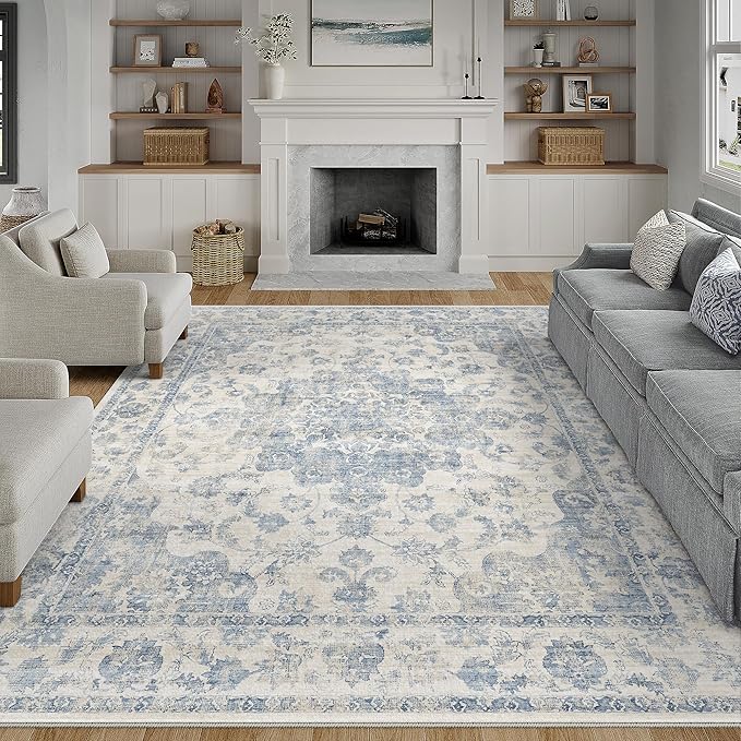 8x10 Washable Neutral Area Rug Blue Vintage Living Room Bedroom Carpet Non-Slip Soft Low Pile Farmhouse Indoor Large Throw Rug for Dining Room Office
