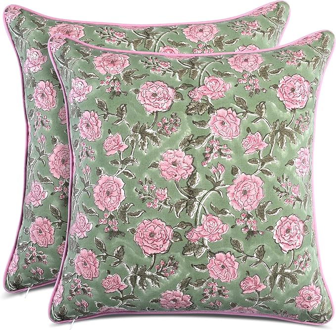 CPC 100% Cotton Throw Pillow Covers 18x18 Inch, Set of 2 Pink Block Print Pattern Couch Pillow, Cute Boho Decorative Pillows for Living Room, Bedroom with Hidden Zipper- Pink Tourmaline