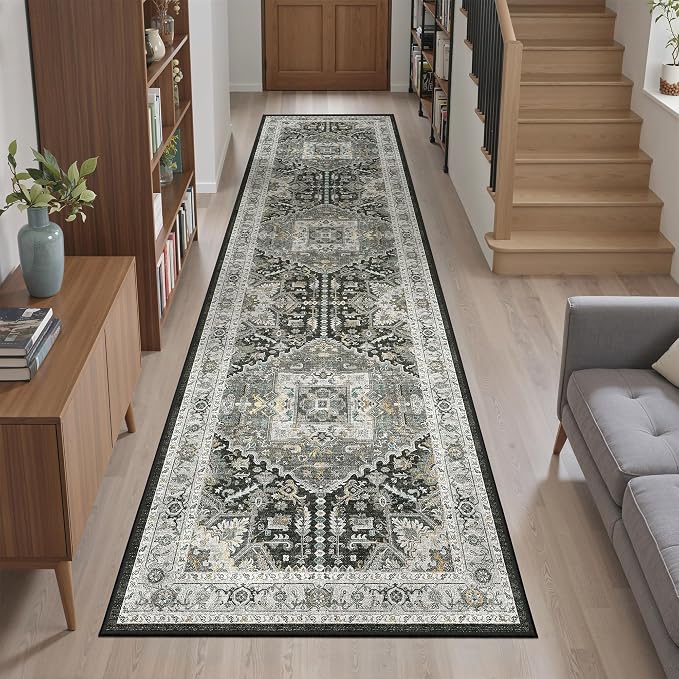 Madane Washable Runner Rug 2x8, Runners for Hallways Non-Slip Kitchen Runner Rugs Ultra-Thin Laundry Room Carpet Runner for Entrance Living Dinning Room Foyer, Grey Green/Black Olive