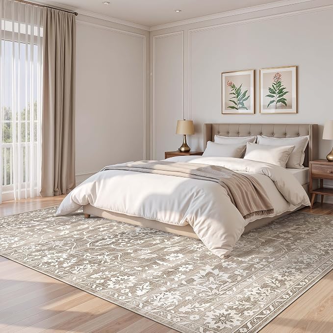 Soalmost 8x10 Area Rugs for Living Room, Washable Neutral Rug Light Brown | Vintage Floral Stain Resistant Non-Slip Low Pile Large Carpet for Dining Room Bedroom Home Office Nursery Grey, 8'x10'