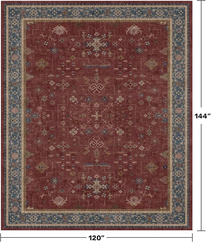 Hazo Haus Moroccan Big Rugs for Living Room - Dark Red 10x12 Area Rug for Large Bedroom, Dining Room, Washable Lightweight Foldable Oriental Burgendy Home Décor