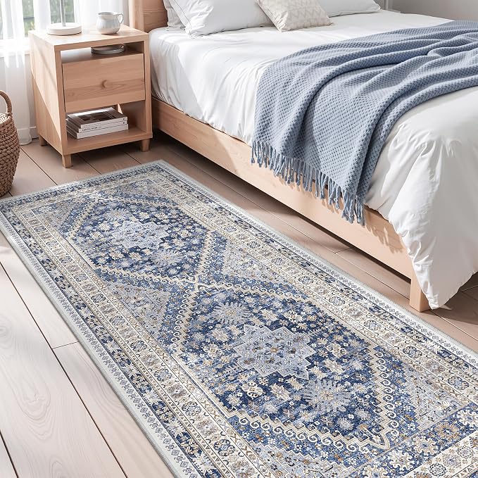 zesthome 3x8 Runner Rug Non Slip Washable for Entryway, Vintage Hallway Runner for Front Porch, Laundry Room, Bedroom, Abstract Stain Resistant Thin Indoor Kitchen Mats for Floor(Blue/Beige,3'x8')