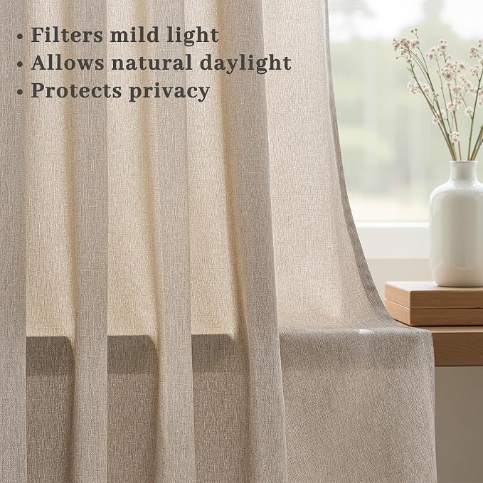 Pinch Pleated Curtains 90 Inches Long 2 Panels Set,Beige Semi Sheer Blend Fabric Farmhouse Cozy Rustic Western Home Decor Curtain Drapes for Living Room Bedroom,40x90 inch Length,Apricot