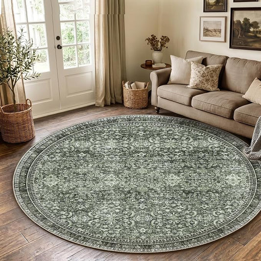 Sasttie Round Rugs 8ft, Ultra-Soft Washable Circle Rug, Low Pile Foldable Thin rugs with Non-Slip Backing, Skin-Friendly Stain Resistant Carpet for Living Room, Bedroom, Kitchen, Dorm, 8ft, Dark Green