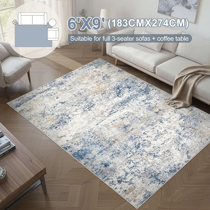 DMOYEST Area Rug Living Room Rugs - 6x9 Abstract Large Soft Indoor Washable Rug Neutral Modern Low Pile Carpet for Bedroom Dining Room Farmhouse Home Office - Blue