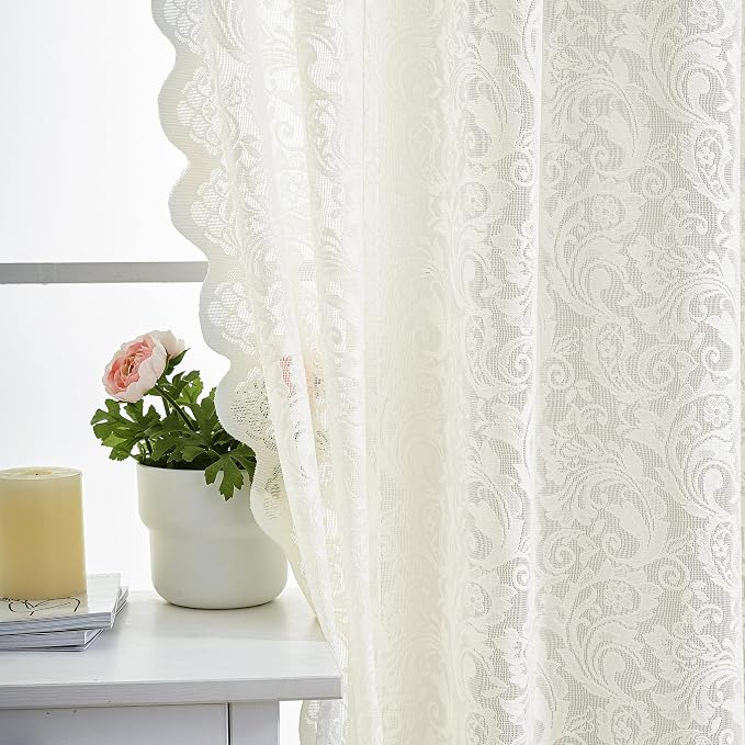 ALIGOGO Ivory Kitchen Curtains 45 Inch Length Rustic Country Floral Lace Cafe Curtains for Small Window Embroidered Privacy Scalloped Crochet Rod Pocket, 52 x 45 Inch, 2 Panels