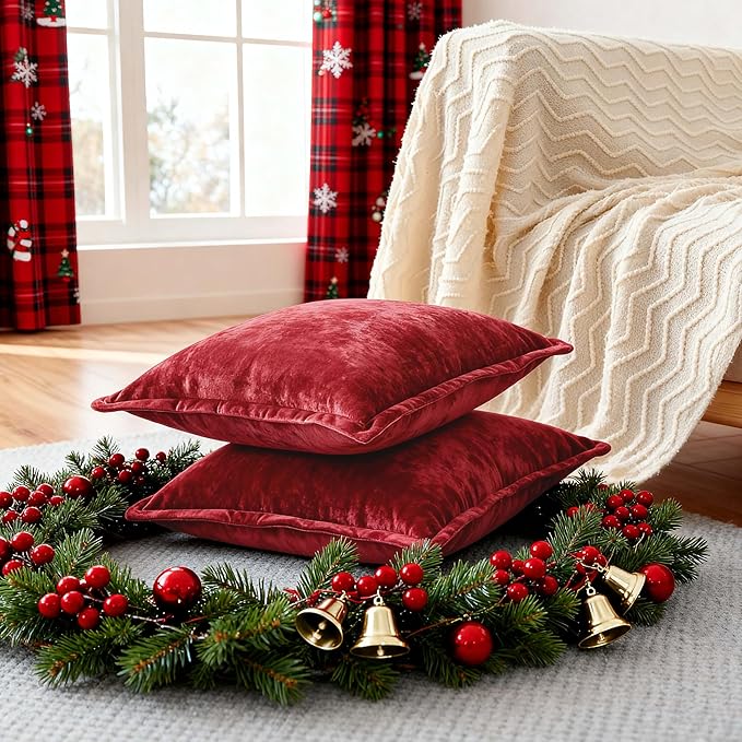 Velvet Pillow Covers 2 Pack Soft 26x26 Pillow Covers Solid Square Euro Shams Decorative Couch Pillow Cases with Wide Border for Sofa Bed Home Decor,Red