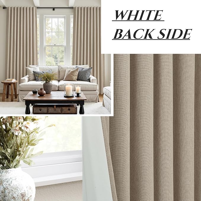 Blackout Curtains 60 Inches Extra Wide Grey Beige Linen Curtains 108 Inch Length for Living Room, Pleated Farmhouse Bedroom Thermal Drapes for Winter Large Window Energy Efficient(60"W x 108"L2Panels)