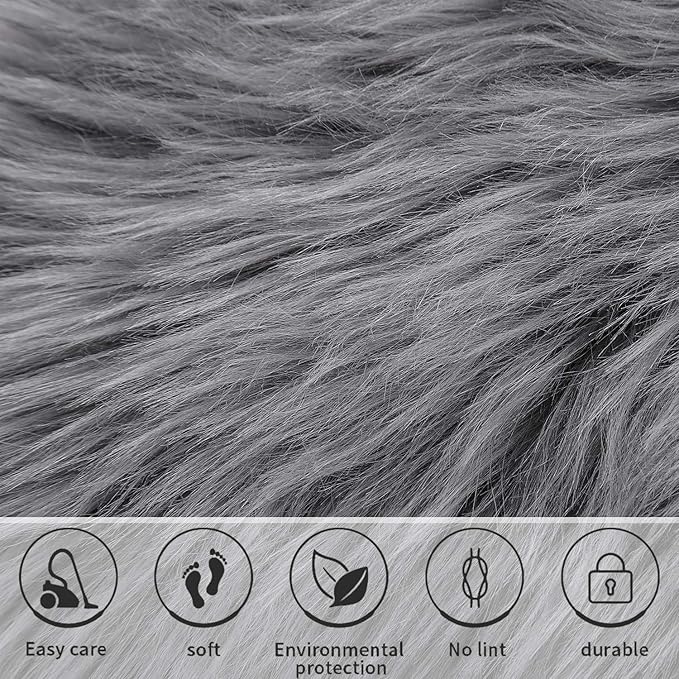 Softlife Grey Faux Fur Sheepskin Chair Cover Seat Cushion Pad Super Soft Area Rugs for Living Bedroom Sofa Dorm (1.6ft x 1.6ft)